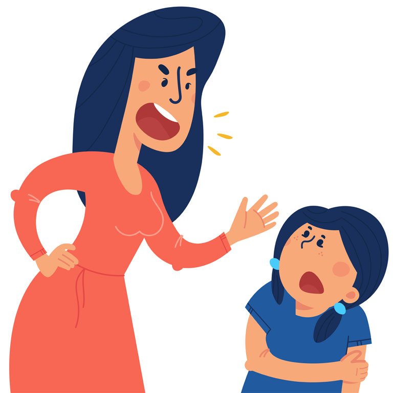 A mother beats his children. The concept of violence and abuse in the family. Flat illustration in cartoon style.