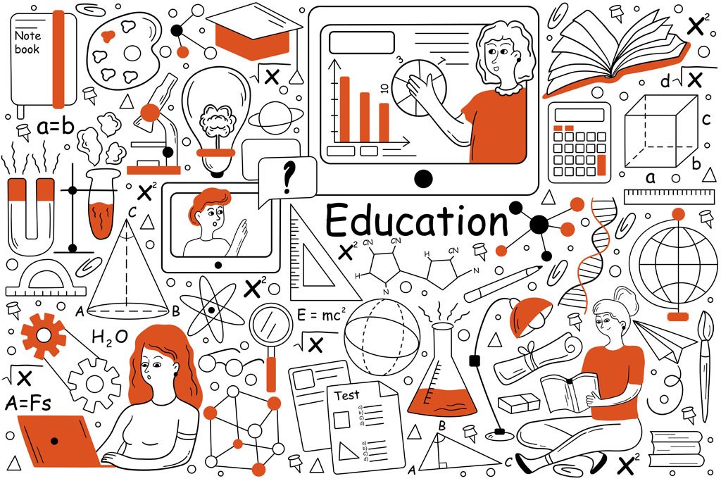 Education doodle set. Collection of hand drawn templates patterns of pupils students learning school university subjects studying at online training courses. Improval of skills expansion of knowledge.