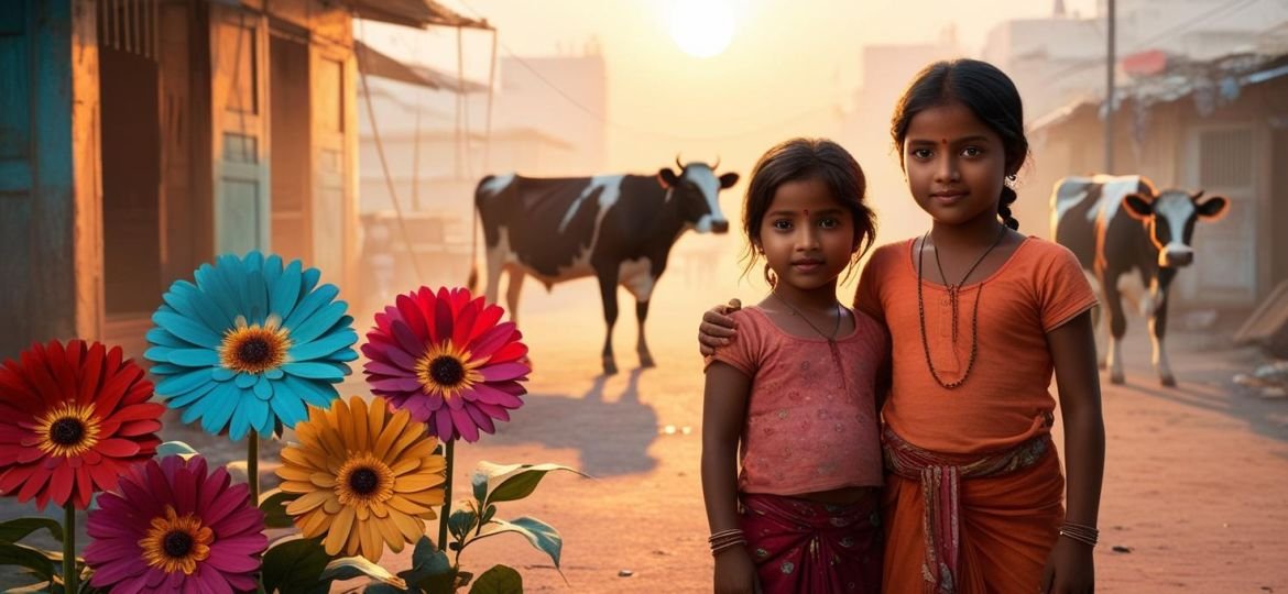 girls in indian slum with sunrise and big flowers with cows in background