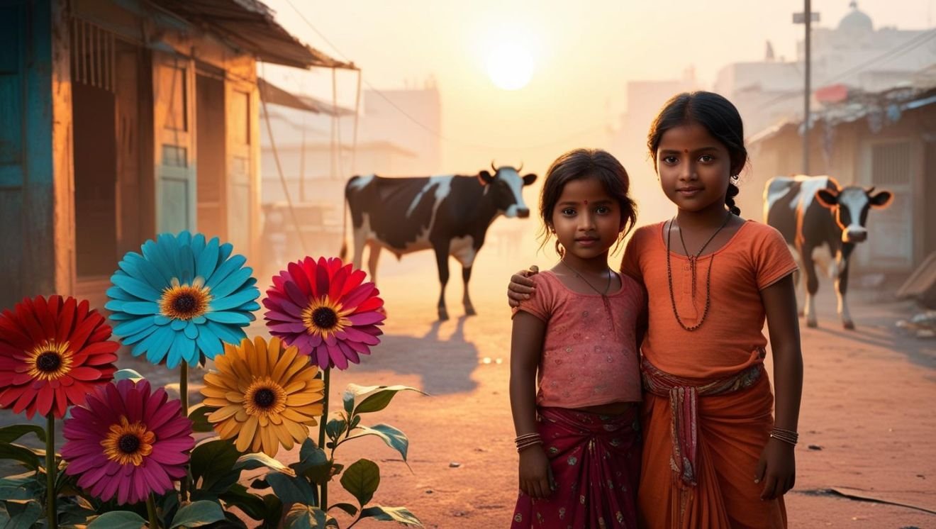 girls in indian slum with sunrise and big flowers with cows in background
