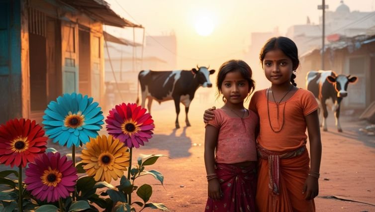 girls in indian slum with sunrise and big flowers with cows in background